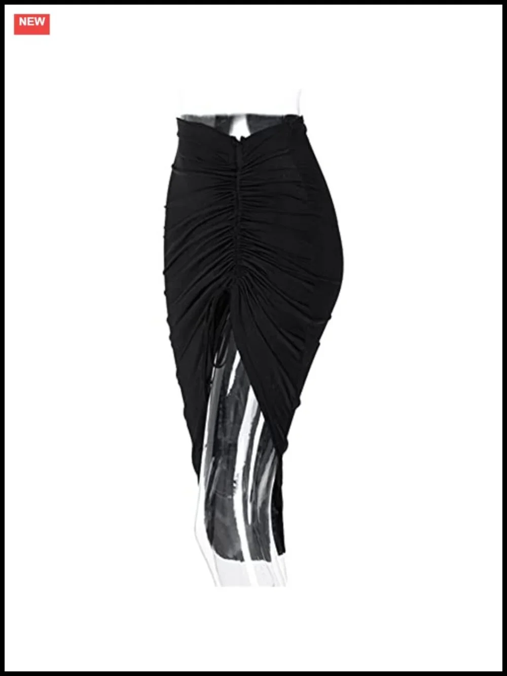 Bodycon Midi Skirt with Thigh High Slit, Ruched Drawstring, High Waist